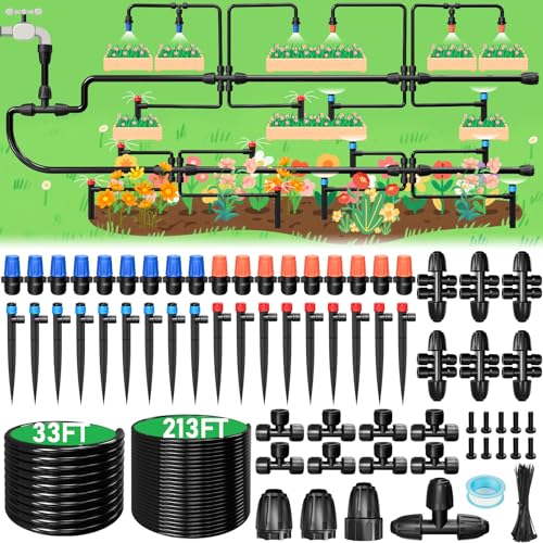 246FT Drip Irrigation System, Automatic Drip Irrigation Kit with 1/2" Main Tube & 1/4" Branch Tubing, Adjustable Drip Emitters, Garden Watering System for Flower Bed, Raised Beds, Lawn, Greenhouses - size: 33FT Main Tube+ 213FT 1/4'' Tube