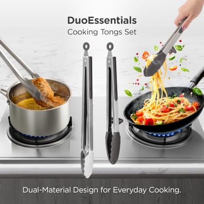 Kitchen Mama DuoEssentials Cooking Tongs Set, Metal Gray | 12" Silicone Tip & 14" Stainless Steel, BBQ Grill Tongs, Locking Ring, Heat Resistant, Non Stick & Dishwasher Safe - color: Metal Gray