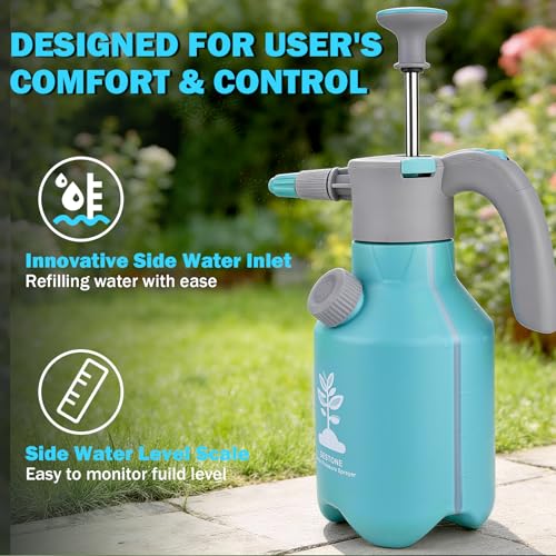 Garden Hand Pump Sprayer 1/2 Gallon, Plant Mister Spray Bottle 2L | Handheld Pressure Sprayer with 360° Extended Spray Rod, Side Water Inlet Design, Adjustable Nozzle & Safety Valve