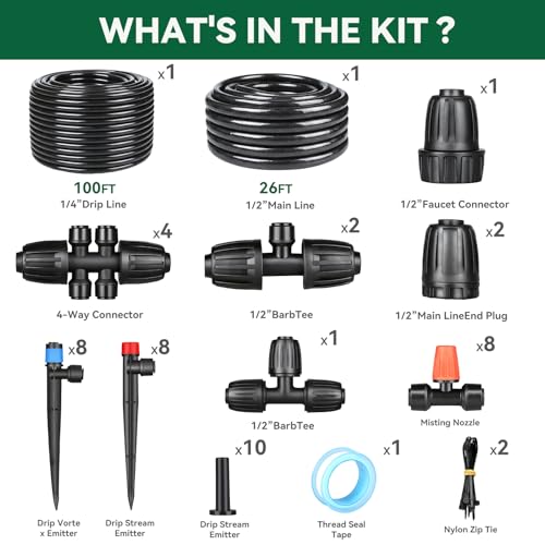 Drip Irrigation System for Garden, 2026-Upgraded Quick Connect Garden Watering Kit All-in-One with 1/2 inch 1/4 inch Irrigation Tubing for Garden, Lawn, Greenhouse, Raised Beds (126FT) - size: 26FT Main tube+100FT 1/4" tube