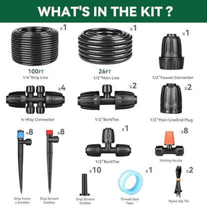 Drip Irrigation System for Garden, 2026-Upgraded Quick Connect Garden Watering Kit All-in-One with 1/2 inch 1/4 inch Irrigation Tubing for Garden, Lawn, Greenhouse, Raised Beds (126FT) - size: 26FT Main tube+100FT 1/4" tube