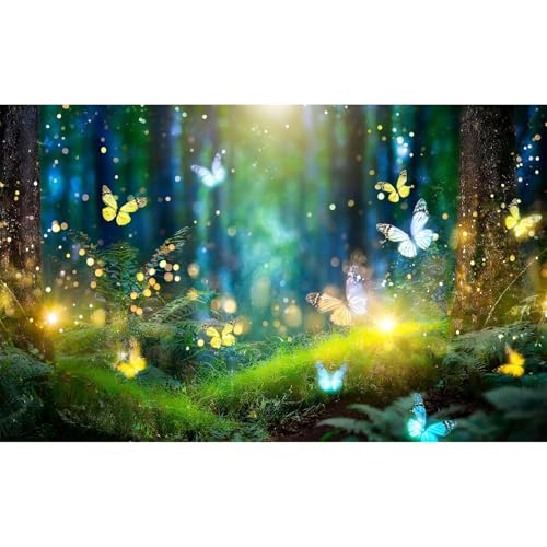 Fairy Forest Aquarium Background Magic Light Flying Butterflies Fish Tank Background Serene Bokeh Green Plants Moss Terrarium Backgrounds Misty Foggy Night Woodland Reptile Tank Backgrounds 24x12in - color: Bright Green, size: 24(W)x12(H)in