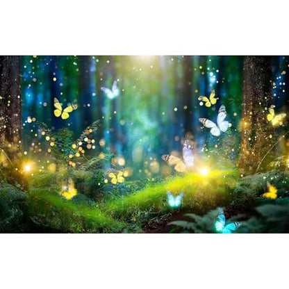 Fairy Forest Aquarium Background Magic Light Flying Butterflies Fish Tank Background Serene Bokeh Green Plants Moss Terrarium Backgrounds Misty Foggy Night Woodland Reptile Tank Backgrounds 24x12in - color: Bright Green, size: 24(W)x12(H)in