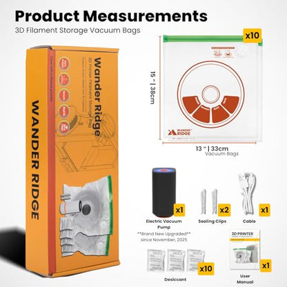 3D Printer Filament Storage Bags Vacuum Storage Bags Kit 3D Printer Accessories with Storage Bags (13x15 inches), Desiccants, Auto Pump, Sealing Clips, Humidity Resistant (10 Bags + Electric Pump) - style: 10 Bags Kit