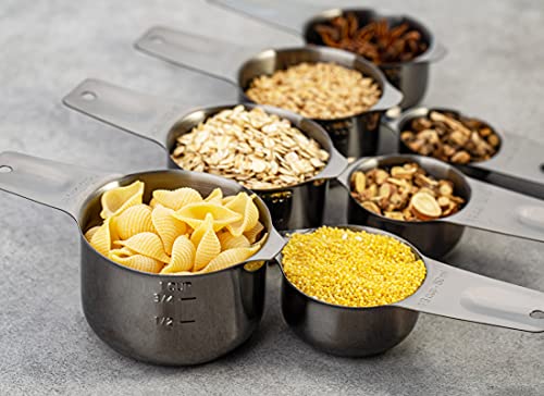 7-Piece 18/8 Stainless Steel Measuring Cups Set, Dark Gray | Includes 1/16, 1/4, 1/3, 1/2, 2/3, 3/4 and 1 Cup, Engraved US and Metric Markings, Pour Spouts and Ring Connector - color: Dark Gray, size: 7 Piece