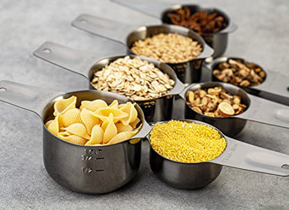 7-Piece 18/8 Stainless Steel Measuring Cups Set, Dark Gray | Includes 1/16, 1/4, 1/3, 1/2, 2/3, 3/4 and 1 Cup, Engraved US and Metric Markings, Pour Spouts and Ring Connector - color: Dark Gray, size: 7 Piece