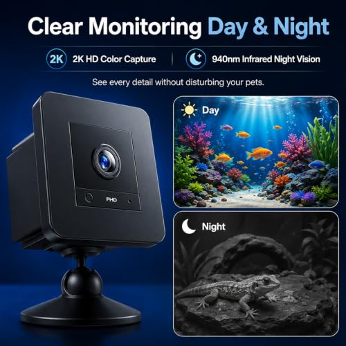 2K HD Aquarium Camera for Fish: Tank & Reptile Terrarium Camera with Battery and 32GB SD Card – Anti-Glare Glass Mount, Night Vision, Two-Way Audio, AI Motion Detection, Aquarium Accessory
