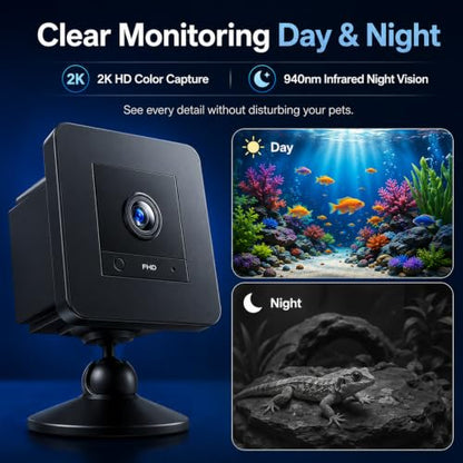 2K HD Aquarium Camera for Fish: Tank & Reptile Terrarium Camera with Battery and 32GB SD Card – Anti-Glare Glass Mount, Night Vision, Two-Way Audio, AI Motion Detection, Aquarium Accessory
