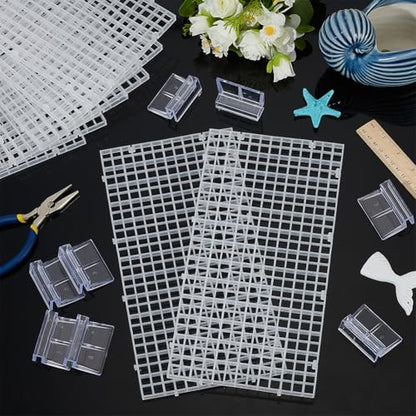 BENECREAT 8 Pcs Clear Aquarium Lid Hood, 5.9x11.7x0.3 Inch Rectangular Fish Tank Top Cover, Plastic Grid Isolation Board with 8 Pcs Aquarium Plastic Cover Board Clips