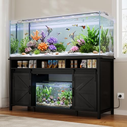 VOWNER 75-120 Gallon Fish Tank Stand with Power Outlet for 2 Tanks, Black | Farmhouse Aquarium Stand with Storage Cabinet & Sliding Barn Doors, Heavy Duty Reptile Tank Stand, 1000LBS Capacity - color: Black