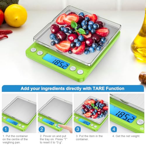 Digital Scale, 3000g, 0.01 Ounces, 0.1 Grams Accuracy Mini Kitchen Food Scale with 2 Trays, Pocket Scale for Jewelry, Coffee, LCD Display, Tare Function, Stainless Steel - color: Green