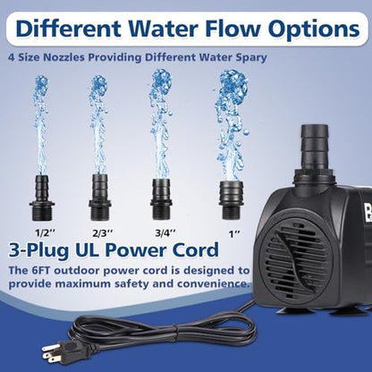 550GPH Submersible Water Pump(2000L/H 30W), Adjustable Ultra Quiet Fountain Pump with 4 Nozzles 7.2ft High Lift for Aquarium, Fish Tank, Pond, Waterfall, Outdoor, Hydroponics - size: 550GPH