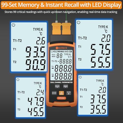 Neoteck Dual Channel Thermocouple Thermometer -50~700℃ with 4 K-Type Probes | High-precision Thermocouple Reader Data Storage and Retrieval Widely Used in HVAC, Automobile,Electrical Maintenance etc.