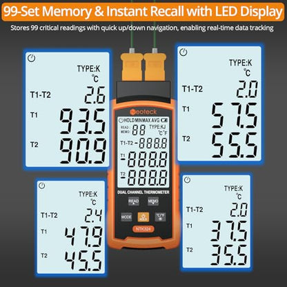 Neoteck Dual Channel Thermocouple Thermometer -50~700℃ with 4 K-Type Probes | High-precision Thermocouple Reader Data Storage and Retrieval Widely Used in HVAC, Automobile,Electrical Maintenance etc.