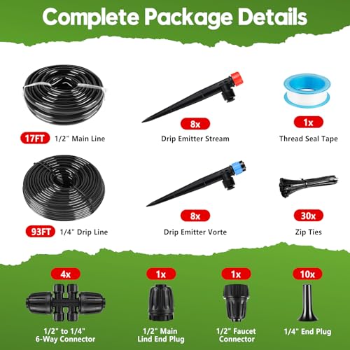 110FT Drip Irrigation System for Garden, Quick-Connect Automatic Garden Watering System with 1/2" & 1/4" Tubing and Accessories - Adjustable Sprinklers Kit for Greenhouse, Yard, Lawn, Raised Bed - size: 110FT（17FT 1/2" Main Line +93FT 1/4" Tube）