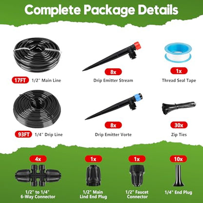 110FT Drip Irrigation System for Garden, Quick-Connect Automatic Garden Watering System with 1/2" & 1/4" Tubing and Accessories - Adjustable Sprinklers Kit for Greenhouse, Yard, Lawn, Raised Bed - size: 110FT（17FT 1/2" Main Line +93FT 1/4" Tube）