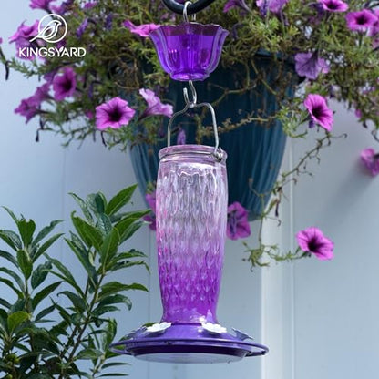 Kingsyard Glass Hummingbird Feeder for Outdoors with Ant Moat | 24 oz, Wide-Mouth Opening, 6 Metal Feeding Ports, Bee Guard, Easy to Clean & Refill Nectar, 360 Degree Perch, Pink & Purple - color: Pink & Purple