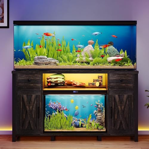55-75 Gallon Fish Tank Stand, Aquarium Stand with Storage, Dark Oak | 52 x 20 In Top, Farmhouse Turtle Tank Stand, 2 Drawers & 2 Barn Doors, LED Light, Power Outlets, Shelf Storage, Heavy Duty - color: Dark Oak