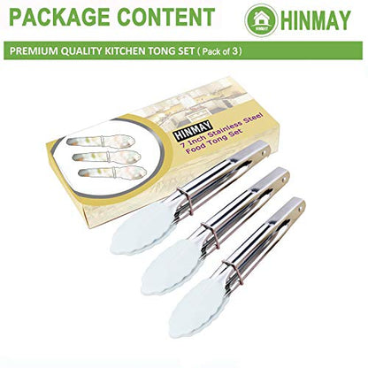 HINMAY 7-Inch Small Serving Tongs with Silicone Tips, Set of 3 (White) | 7-Inch Mini Tongs - color: White