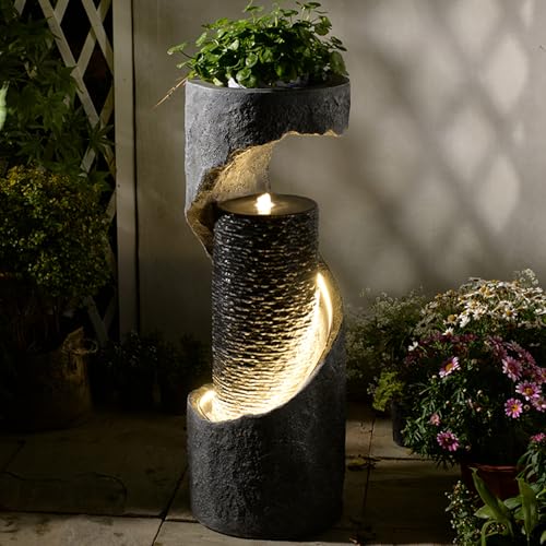 Tankana 35.5" H Water Fountain with Planter, Modern Spiral Waterfall for Outdoor and Indoor, Bubbling Garden Fountain with LED Light for Patio, Deck, and Living Room Corner