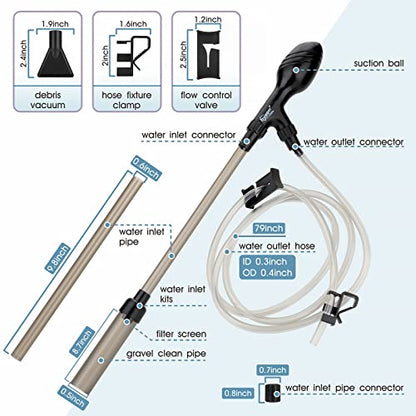 hygger Small Gravel Vacuum for Aquarium, Manual 80GPH Aquarium Gravel Cleaner Low Water Level Water Changer Fish Tank Cleaner with Pinch or Grip Run in Seconds Suction Ball Adjustable Length - size: S