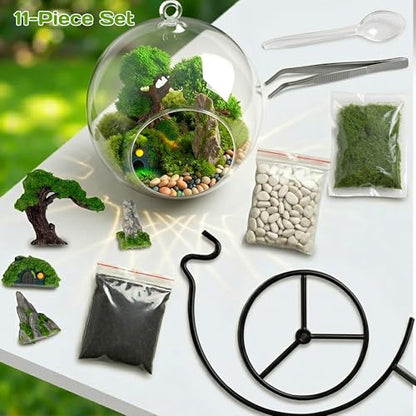 DIY Glass Globe Terrarium-Style Decor Kit, 11-Piece Mini Micro Landscape Ornament Set for Desk, Home & Office - Thoughtful Indoor Gift for Home & Office Decor