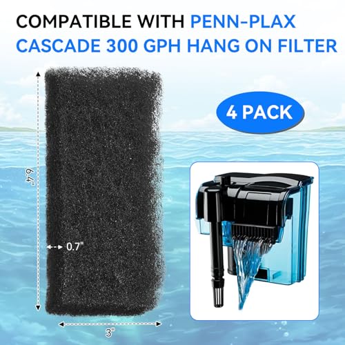 4 Pack Sponge Filter Media Pad Replacement for Penn-Plax Cascade 300 GPH Hang On Filter Aquarium Bio Sponge Filters Parts Filter Sponge Filter Foam for Aquarium Fish Tank Sump Turtle Tank Part#CPF510