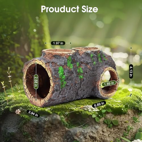 MECESOR Magnetic Reptile Hide with Waterer & Feeder Trough,Resin Hollow Tree Gecko Hideout Cave,Non-Toxic Climbing Toy Terrarium Decor for Green Anole,Tree Frog Climbing Accessories,Grey