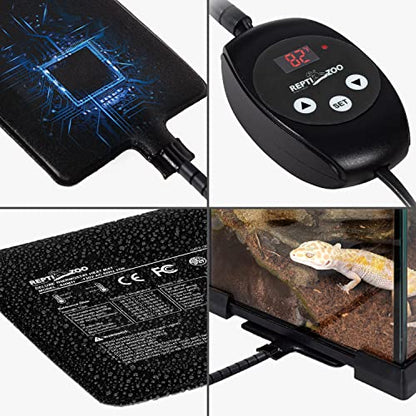 REPTI ZOO Upgrade Reptile Heat Mat with Thermostat - 6 x 8 Inch Reptile Heating Pad with Temperature Control for 10-20 gal Tank Reptiles Amphibians Hermit Crab Snake Lizard - size: 11W