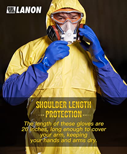 LANON 26" Elbow Length PVC Chemical Resistant Glove,Waterproof,Blue,Large | Waterproof,Long Sleeve Work Gloves,Cotton Liner(Excluding Sleeves),Non-Slip Grip,Heavy-Duty,Acid,Alkali & Oil Protection - size: Large (Pack of 1)