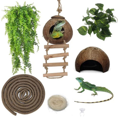 kathson 6PCS Lizard Habitat Decor,Leopard Gecko Hideout Coconut Shell Hole Hut,Bearded Dragon Bendable Climbing Vines,Reptile Hanging Plants Tank Accessories for Chameleon,Snake,Iguana,Turtle - size: 6PCS