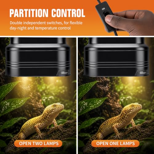Happy Herps Dual Reptile Lamp Fixture with Independent Switches for pets | Independent switch, E26 ceramic socket, aluminum reflector, fully assembled, fits glass terrariums, 160W max - size: double