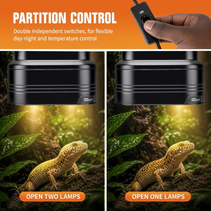 Happy Herps Dual Reptile Lamp Fixture with Independent Switches for pets | Independent switch, E26 ceramic socket, aluminum reflector, fully assembled, fits glass terrariums, 160W max - size: double