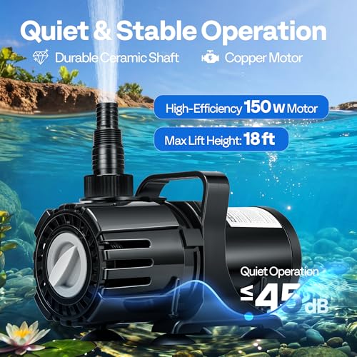 VIVOHOME 150W Pond Pump, 900-2400GPH Adjustable Flow Submersible Water Pump | Stepless Flow Control, 18ft Max Lift, 180° Seamless Adjustable Nozzle, Barrier Pump Bag, 20ft Power Cord - size: 900-2400GPH