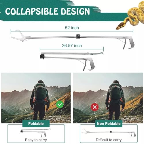 52“ Snake Tongs Collapsible Grabber, Professional Reptile Snake Catcher Wide Jaw Handling Tool, Stainless Steel Snake Hook