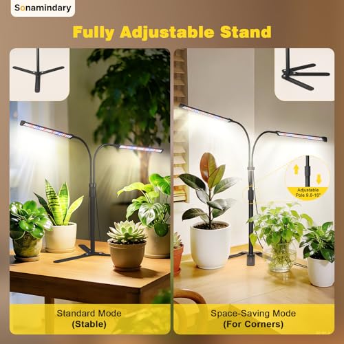 LED Grow Lights for Indoor Plants, Tripod Stand, Dual Head | 120 LEDs, Upgraded 9V System, 9.8-35 in Adjustable Tripod, 5700K Full Spectrum, CRI 90+, 4/8/12H Timer, 5 Brightness Levels - size: Stand-2 Head