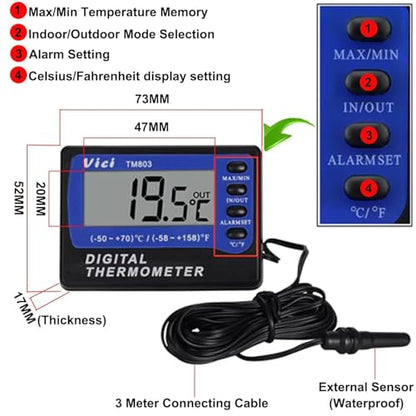 Digital Alarm Thermometer VICI TM803 Temperature Meter for Medicine Cabinets Aquariums Fridge Freezer Refrigerator Celsius(℃) /Fahrenheit(℉) Thermometers