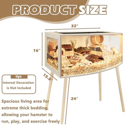 Prolee Hamster Cage with Curved Design,Chew Proof Wooden Hamsters Enclosure with Leg Stand and Openable Top or Gerbils,Hamster Habitat - size: 32.0"L x 16.0"W x 16.0"H