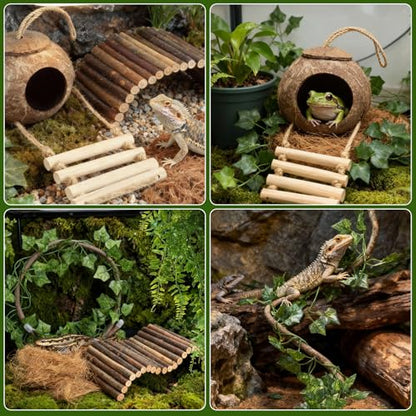 14Pcs Reptile Plants Bridge Vines Leopard Gecko Coconut Hut Crested Gecko Tank Accessories Lizard Coco Den with Ladder for Lizard, Chameleon Cage, Snakes, Hermit Crab