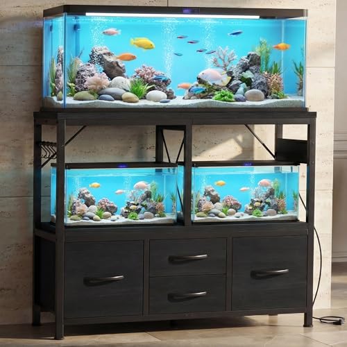 Heybly 40-50 Gal Fish Tank Stand with Drawer, Power Outlet, Black HAS004BK | Aquarium Stand, Heavy Duty, for Fish Tank, Turtle & Reptile Terrarium, 36.2" L × 18.1" Top, 660lbs (Top)+330lbs(Mid) - color: Black, size: 40-50 gal