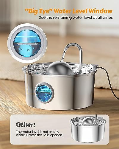 AONBOY Cat Water Fountain with 6 Filters + 3 Sponge Filters | 108oz/3.2L Cat Fountain Stainless Steel with Water Level Window Faucet Shape Dog Water Fountain Multi Filtration