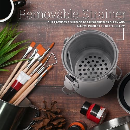 U.S. Art Supply Stainless Steel Leak-Proof Deluxe Paint Brush Washer with Wash Tank, Clip-On Lid, and Strainer Cup - Oil Paint Brush Cleaner for Artists