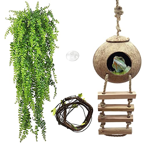 PINVNBY Crested Gecko Tank Accessories,Gecko Coconut Hut with Ladder,Reptile Natural Coconut Shell Hideout Lizard Coco Den Climber Plants Decor for Reptiles Habitat Hanging Cave,Sleeping & Breeding