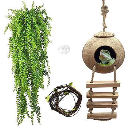 PINVNBY Crested Gecko Tank Accessories,Gecko Coconut Hut with Ladder,Reptile Natural Coconut Shell Hideout Lizard Coco Den Climber Plants Decor for Reptiles Habitat Hanging Cave,Sleeping & Breeding