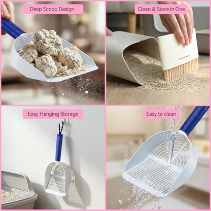 Cat Litter Scoop with Holder, 3 in 1 Metal Kitty Scooper | Heavy Duty Deep Litter Sifter with Dustpan & Mini Broom, Dual Coarse & Fine Grid, Quick Sift, Universal for All Cat Litter - color: Dark Blue, size: Large