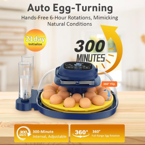 18 Egg Incubator for Hatching Eggs with Automatic Turning, Digital Temperature & Humidity Control, Built-in Egg Candler & Auto Water Refill, 360° Clear View for Chicken - color: Deep Blue+Yellow