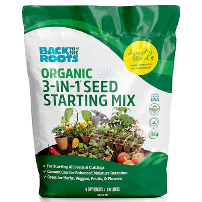 Back to the Roots 3-in-1 Seed Starting Mix 6 Quarts, 100% Organic & USA Made for Herbs, Veggies, Flowers, w/Nutrient Rich Plant Food, Worm-Castings, & Moisture Controlling Yucca Brown - size: 6 Quart, style: Seed Starting Mix