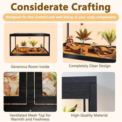 Bearded Dragon Tank 30 Gallon, 24 x 16 x 16 Inch Wooden Reptile Enclosure with Metal Mesh Top, Clear Acrylic Sliding Doors and Lock, Large Lizard and Snake Tank, Black