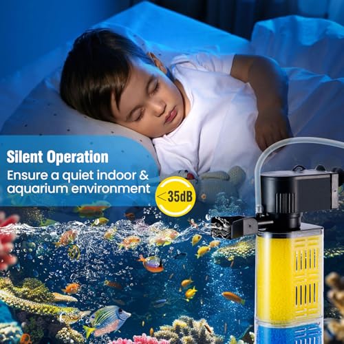 3-in-1 Aquarium Filter for 30-100 Gallons Fish & Turtle Tank Filter | Bio-Sponge Filter 18W 400GPH Quiet Submersible Pump, Easy Clean & Install, Adjustable Bubbles for Aeration, Water Circulation