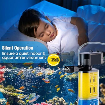 3-in-1 Aquarium Filter for 30-100 Gallons Fish & Turtle Tank Filter | Bio-Sponge Filter 18W 400GPH Quiet Submersible Pump, Easy Clean & Install, Adjustable Bubbles for Aeration, Water Circulation